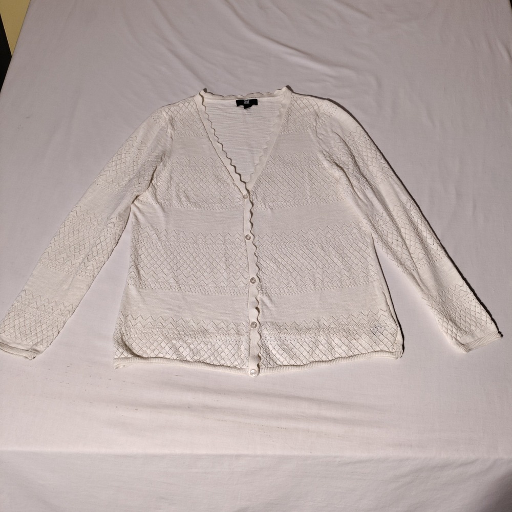 Frye Womens White Pointelle Knit Scalloped V-Neck Cotton Cardigan Sweater Large